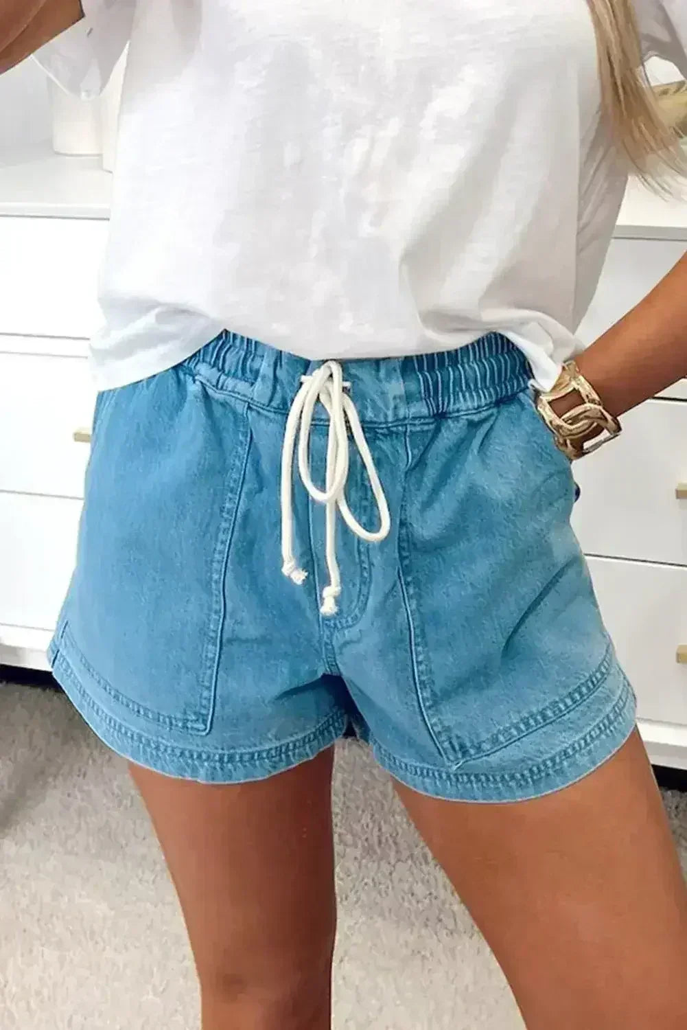 Beau Blue Drawstring Elastic Waist Denim Shorts - Femstylo