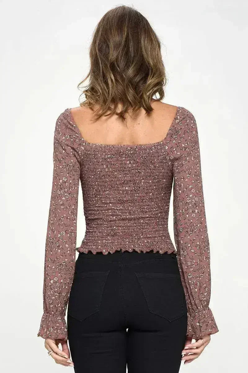 Smocked Floral Long Sleeve Top with Ruffle Neckline - Femstylo