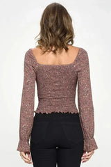 Smocked Floral Long Sleeve Top with Ruffle Neckline - Femstylo
