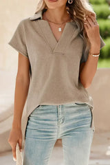 White Textured V Neck Collared Split Hem T Shirt - Femstylo