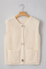 White Solid Textured Knit Side Pockets Buttoned Sweater Vest - Femstylo