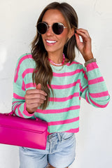 Green Striped Round Neck Colorblock Knit Sweater