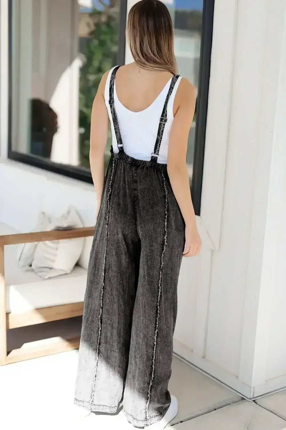 Blue Light Wash Frayed Exposed Seam Wide Leg Denim Overalls - Femstylo