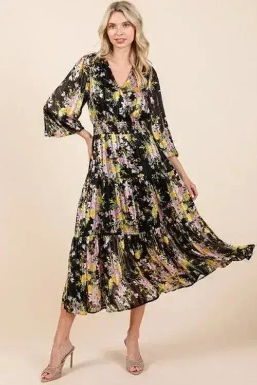 Mittoshop Flower Print Satin Lurex Stripe Smocked Midi Dress - Femstylo