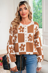 Thai Curry Flower Colorblock Checkered Henley Sweater