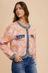 Floral Jacquard Denim Jacket - Contrast Button Down | Femstylo - Femstylo