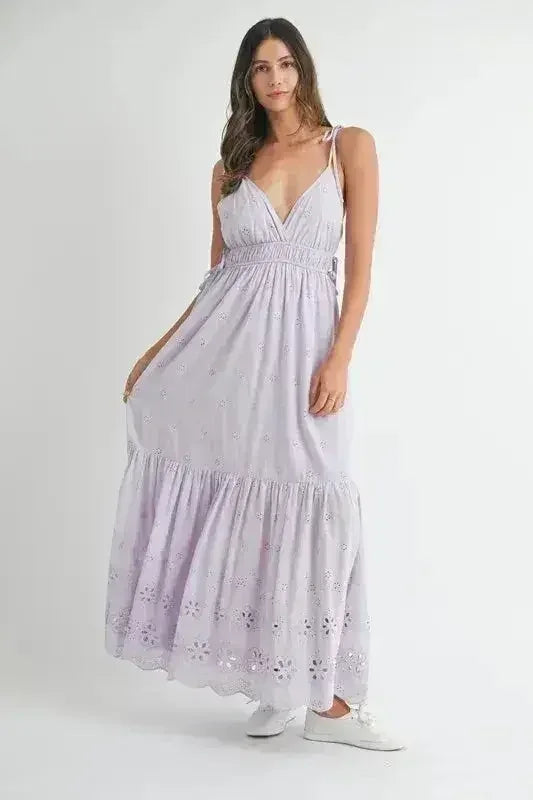 MABLE Eyelet Lace Maxi Dress With Side Strap Details - Femstylo