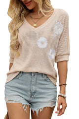 Jet Stream Flower Embroidered Waffle Knit T Shirt