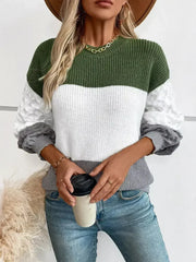 Color Block Round Neck Long Sleeve Sweater - Femstylo