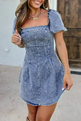 Blue Frill Square Neck Puff Sleeve Backless Denim Dress - Femstylo