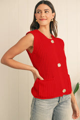 Fiery Red Solid Textured Knit Side Pockets Buttoned Sweater Vest