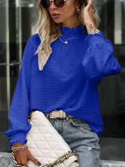 Smocked Frill Mock Neck Long Sleeve Blouse - Femstylo