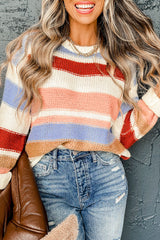 Pink Striped Colorblock Round Neck Drop Shoulder Sweater