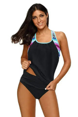 Black Splicing Scoop Neck 2 Piece Tankini Swimsuit - Femstylo