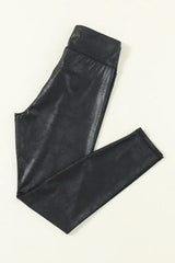 Black Crossed Dip Waist Sleek Leather Leggings - Femstylo