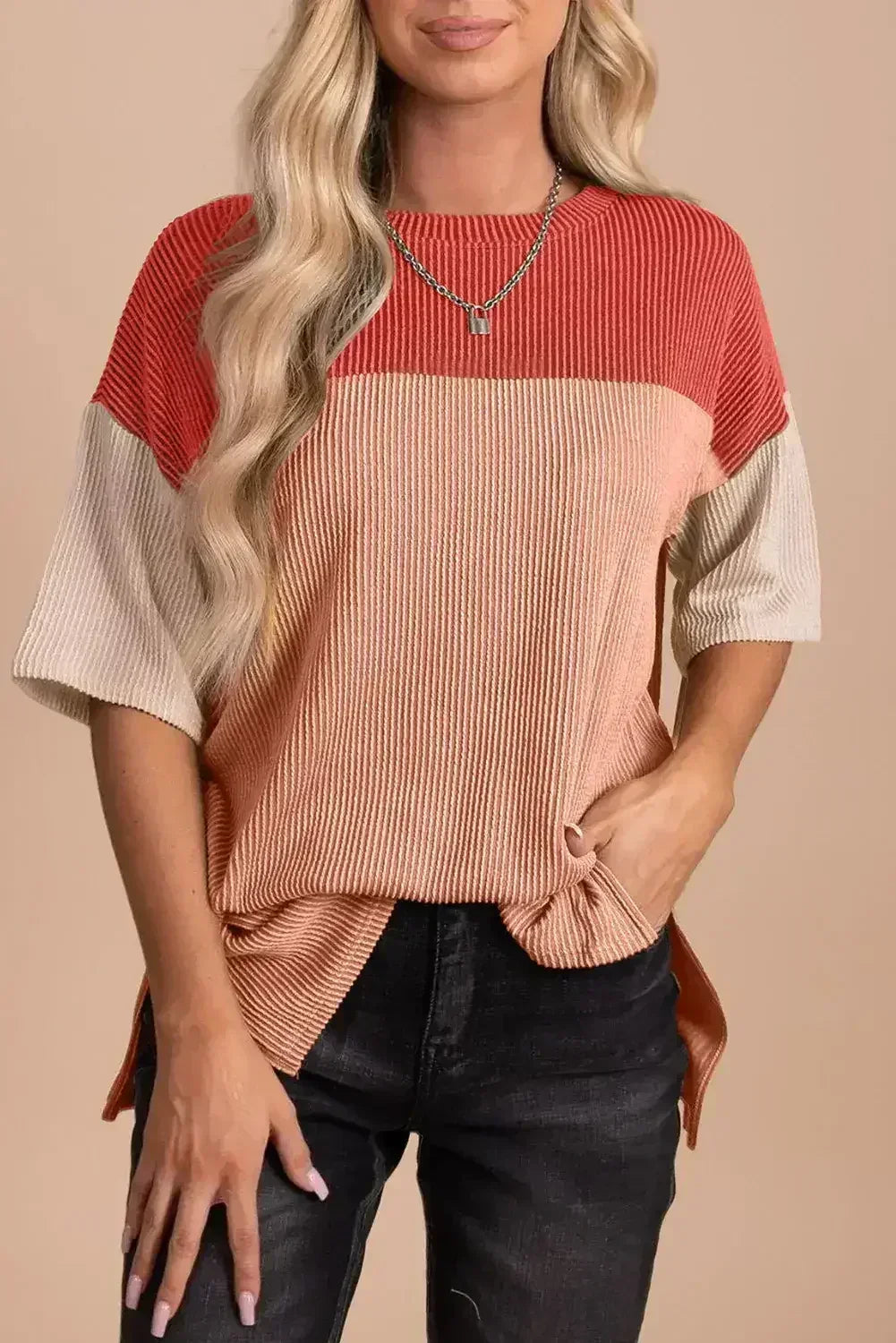 Black Color Block Ribbed Side Slits Half Sleeve Top - Femstylo