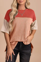 Black Color Block Ribbed Side Slits Half Sleeve Top - Femstylo