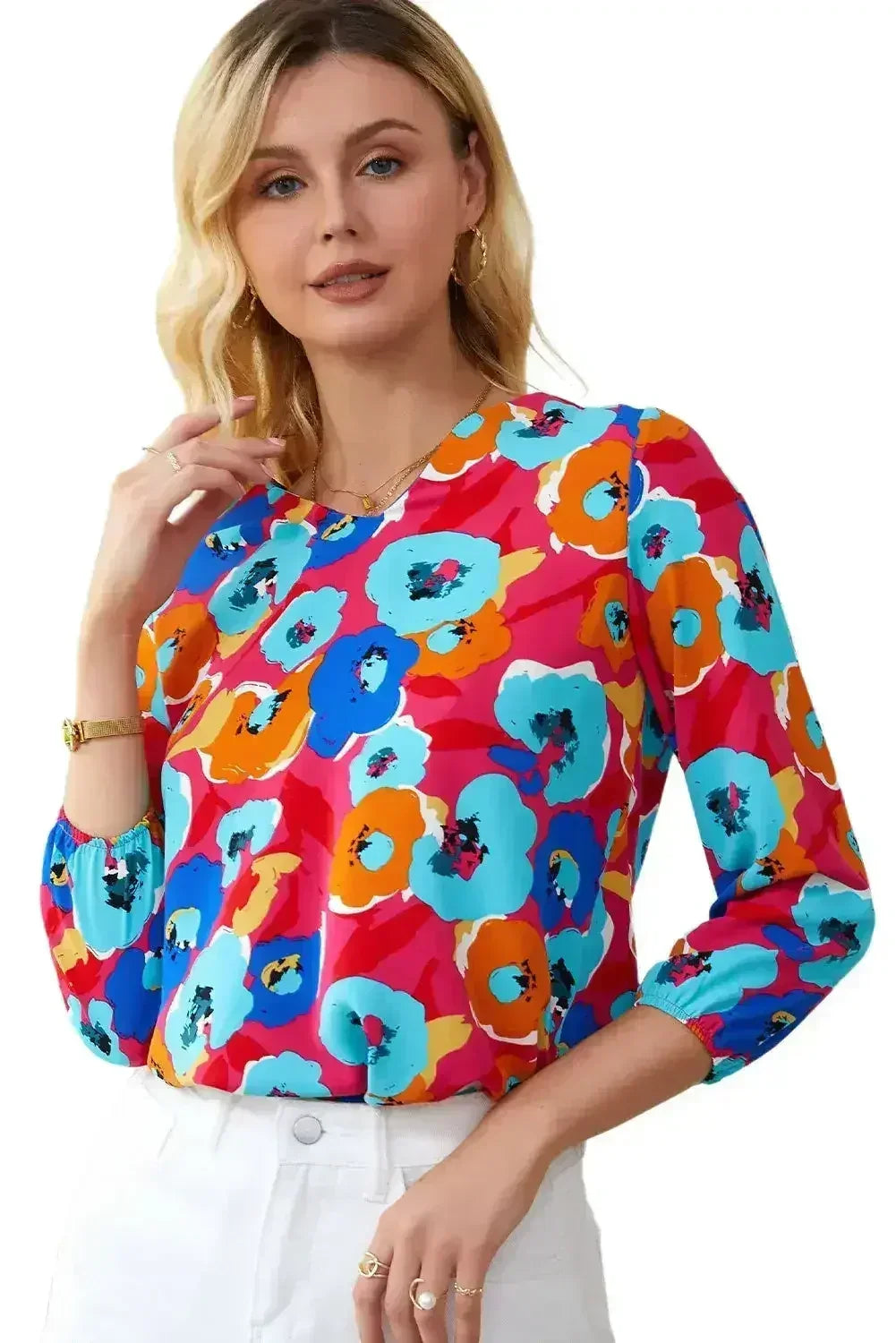 Floral Print V Neck Blouse - 3/4 Sleeve & Non-Stretch | Femstylo - Femstylo