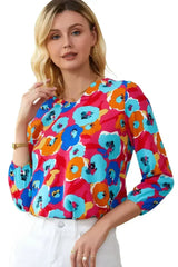 Floral Print V Neck Blouse - 3/4 Sleeve & Non-Stretch | Femstylo - Femstylo