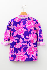 Sachet Pink Floral Print Ruffle Puff Sleeve Pop of Color Neckline Blouse