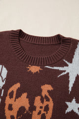 Brown Star Boots Print Cropped Knit Sweater