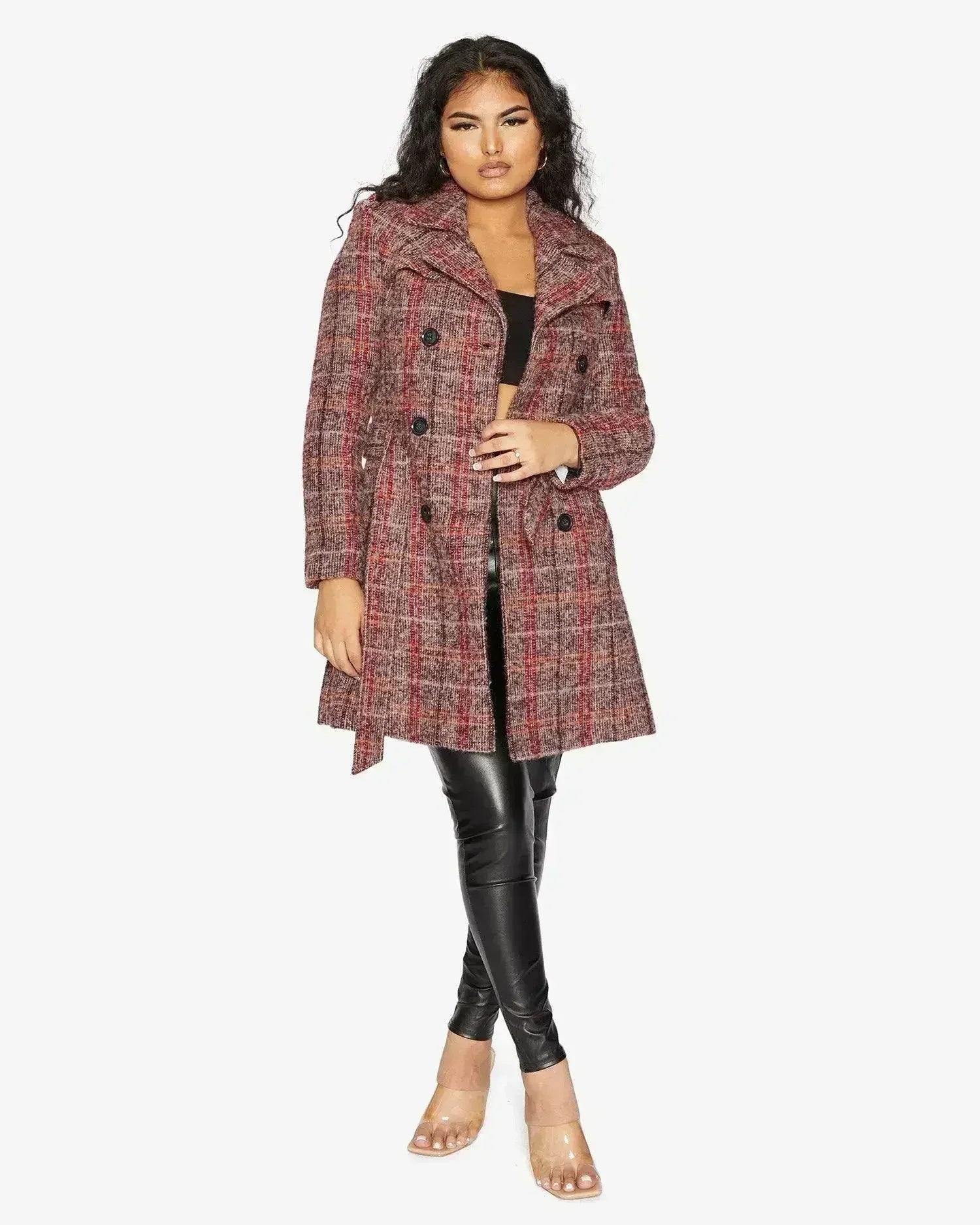 Wool Blend Check Double Breasted Military Coat - Femstylo