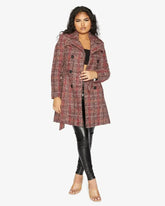 Wool Blend Check Double Breasted Military Coat - Femstylo
