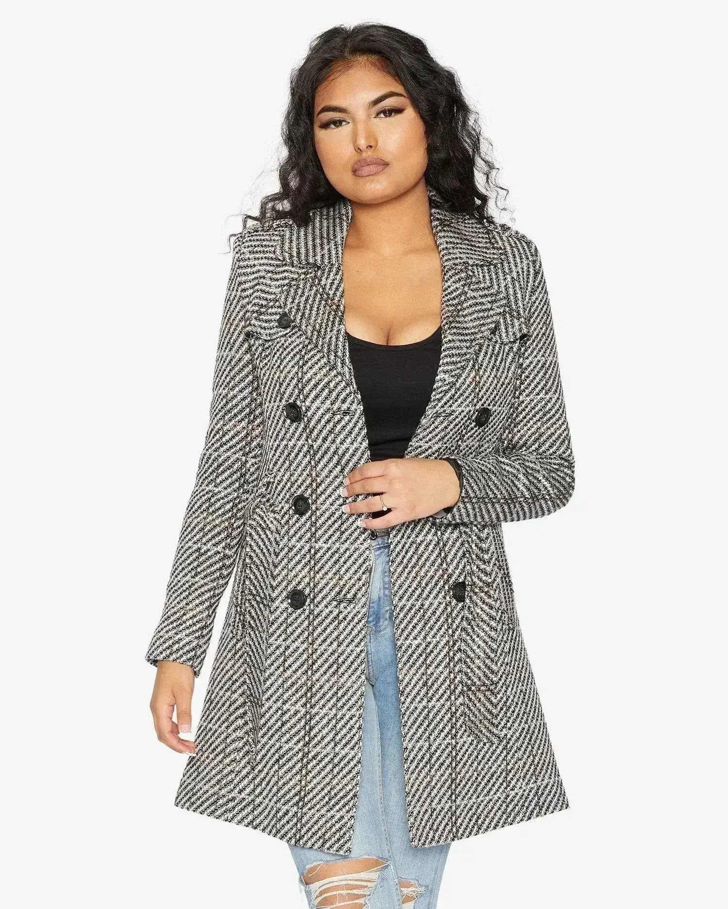 Wool Blend Check Double Breasted Military Coat - Femstylo