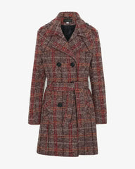Wool Blend Check Double Breasted Military Coat - Femstylo