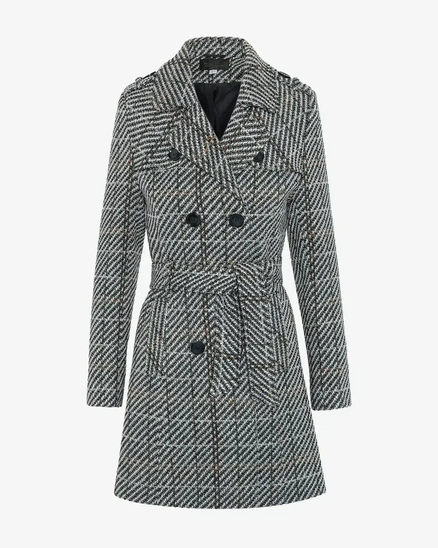 Wool Blend Check Double Breasted Military Coat - Femstylo