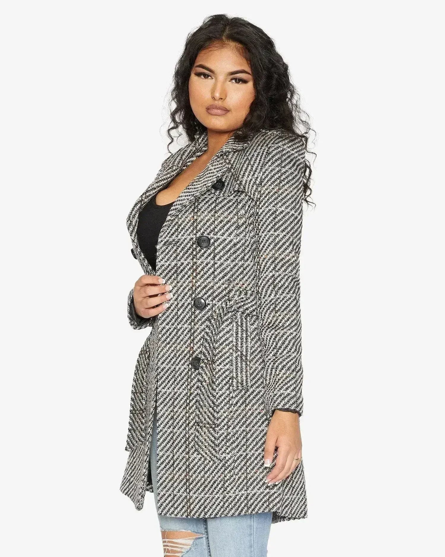 Wool Blend Check Double Breasted Military Coat - Femstylo