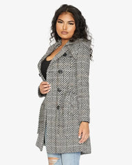 Wool Blend Check Double Breasted Military Coat - Femstylo