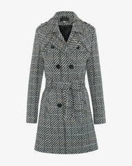 Wool Blend Check Double Breasted Military Coat - Femstylo