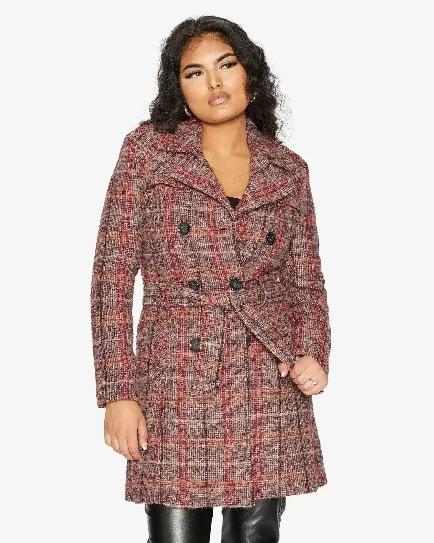 Wool Blend Check Double Breasted Military Coat - Femstylo