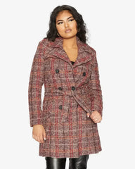 Wool Blend Check Double Breasted Military Coat - Femstylo