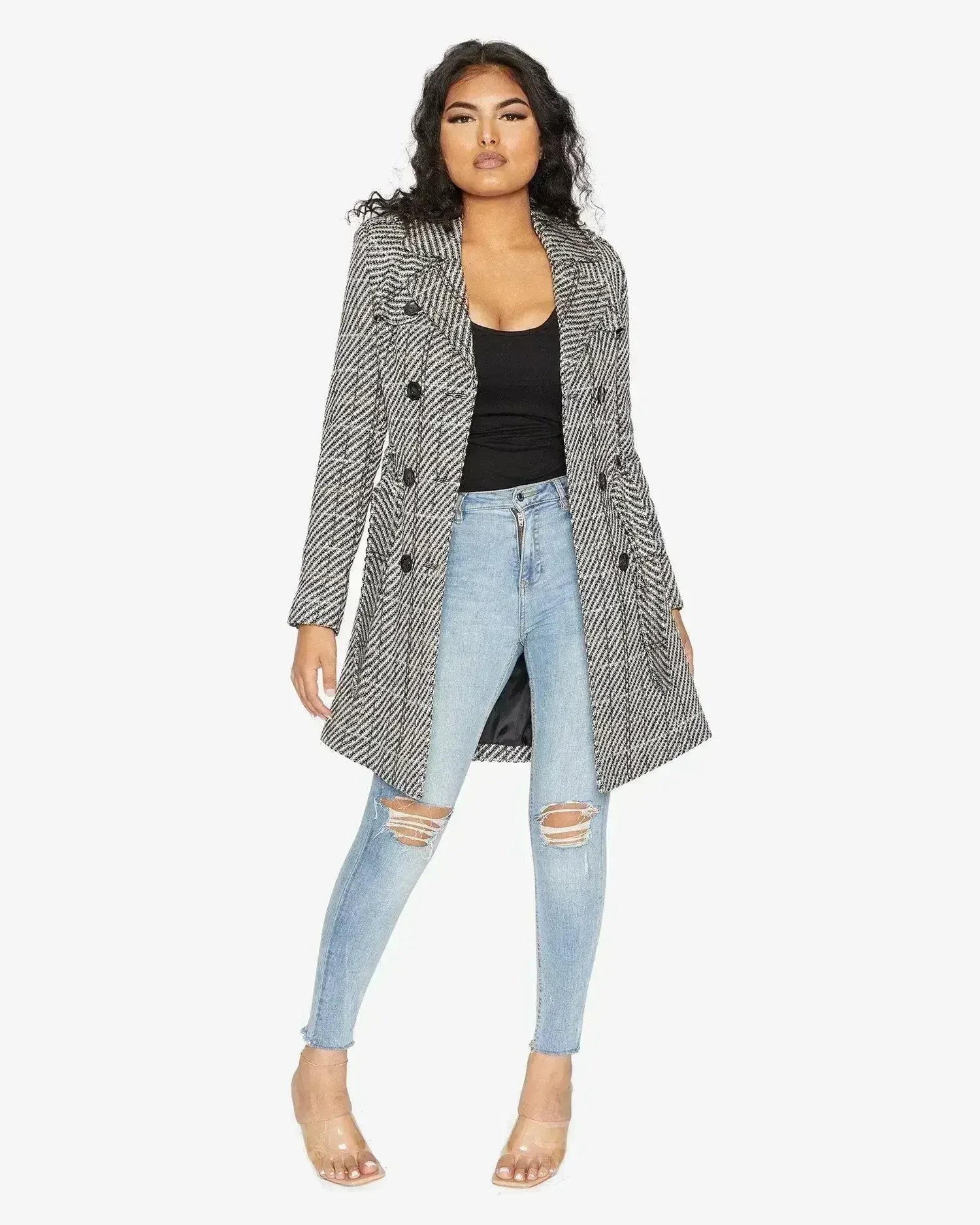 Wool Blend Check Double Breasted Military Coat - Femstylo