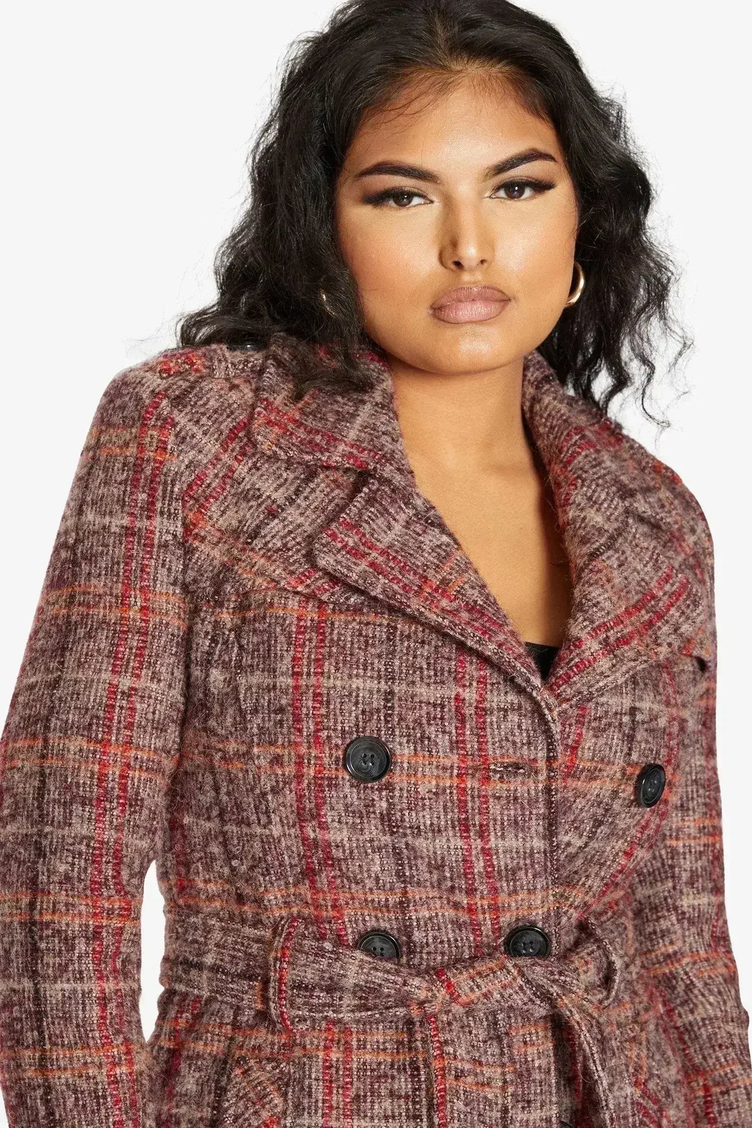 Wool Blend Check Double Breasted Military Coat - Femstylo