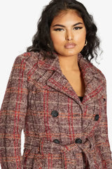 Wool Blend Check Double Breasted Military Coat - Femstylo