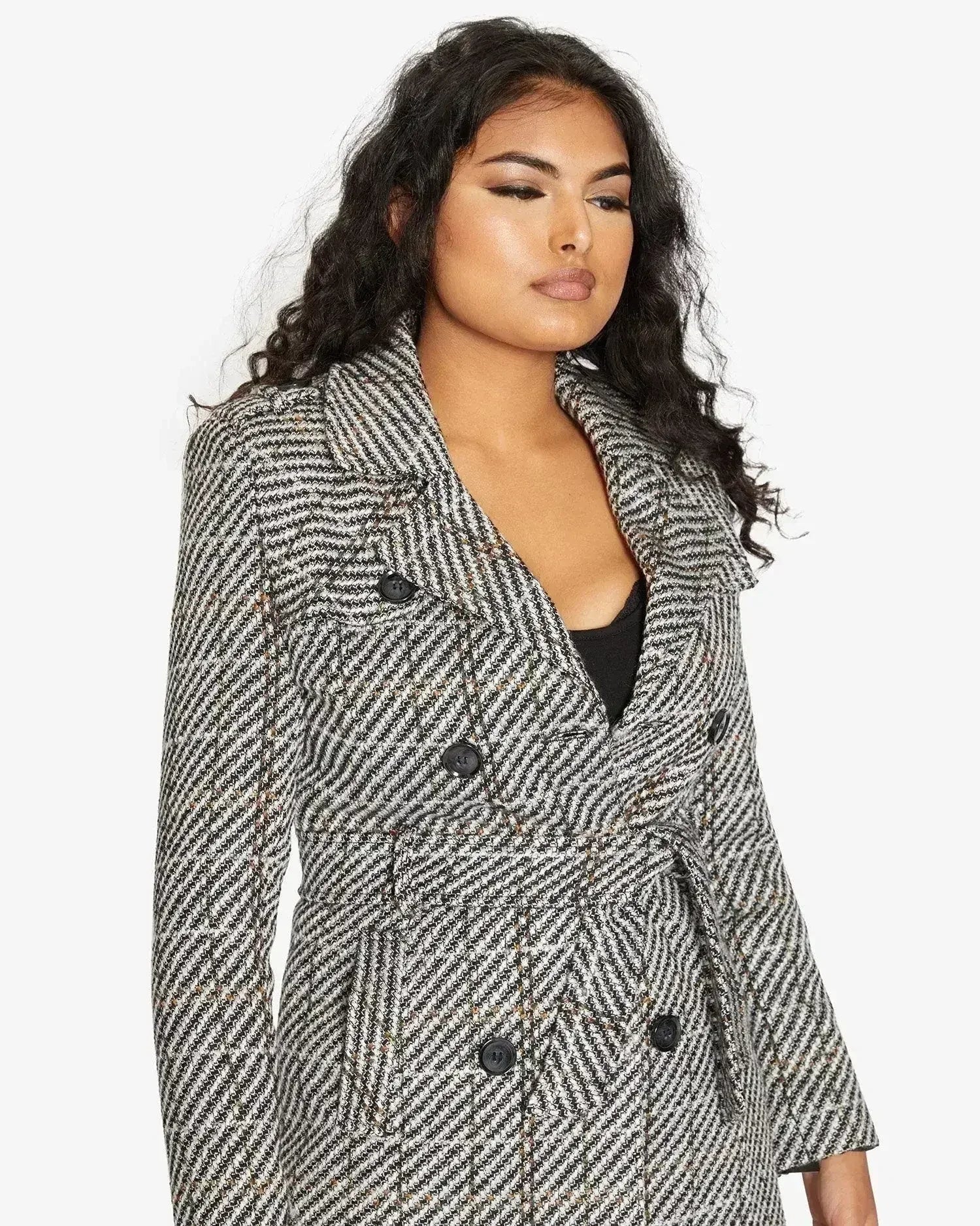 Wool Blend Check Double Breasted Military Coat - Femstylo