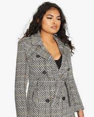 Wool Blend Check Double Breasted Military Coat - Femstylo
