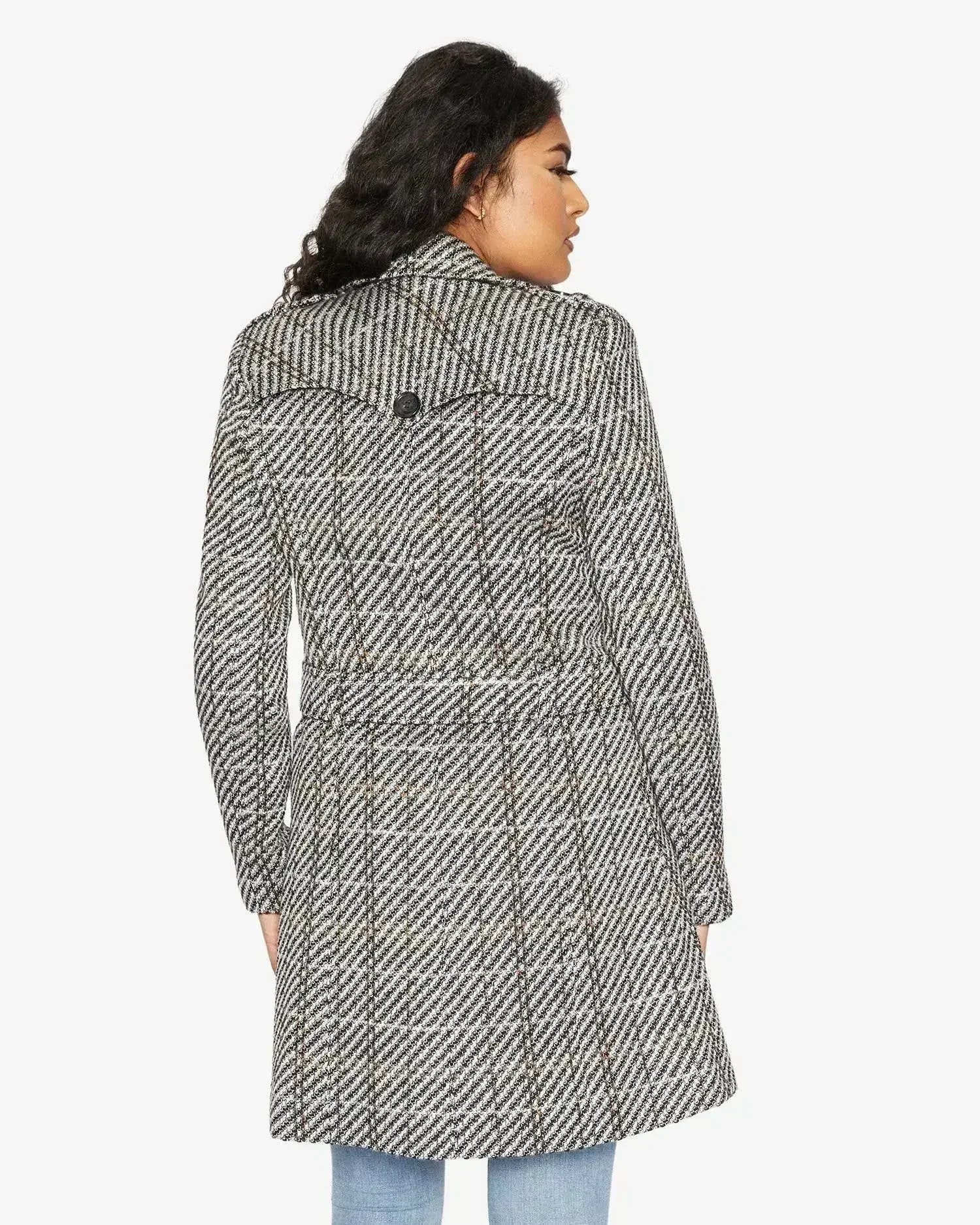 Wool Blend Check Double Breasted Military Coat - Femstylo
