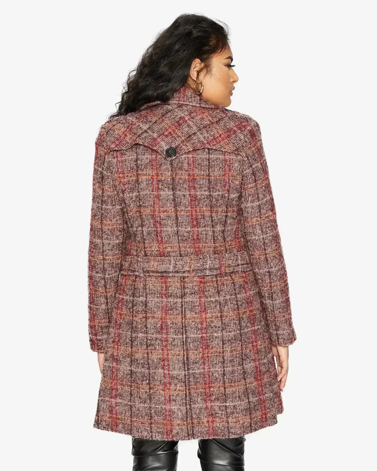 Wool Blend Check Double Breasted Military Coat - Femstylo