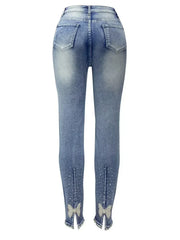 Rhinestone Skinny Jeans with Pockets - Femstylo