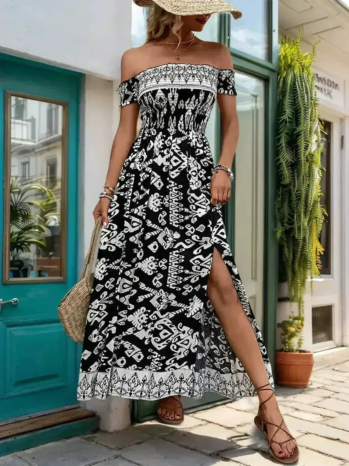 Off-Shoulder Slit Dress - Flowy Viscose Dress | Femstylo - Femstylo