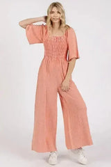 Mittoshop Mineral Wash Wide Leg Jumpsuit with Ruched Design - Femstylo