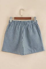 Blue Vintage Gingham Print High Waisted Loose Shorts - Femstylo