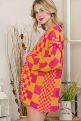 Taupe Colorblock Checked Open Front Knitted Cardigan