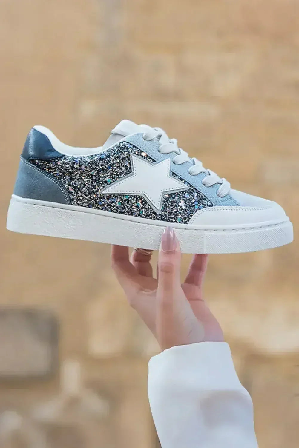 Silver Sequin Star Patch Lace Up Shoes - Femstylo