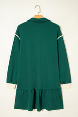 Evergreen Contrast Trim Zip Collar Long Sleeve Ruffle Hem Mini Dress