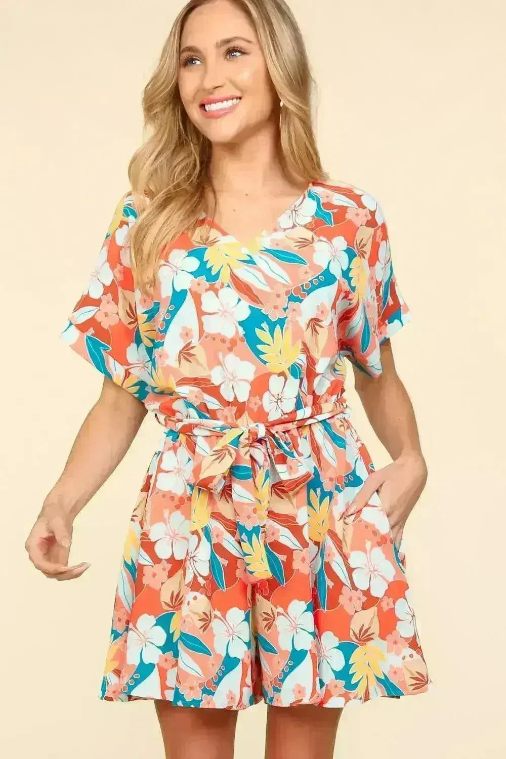 Tropical Floral Romper | Tied Waist Summer Jumpsuit | Femstylo - Femstylo